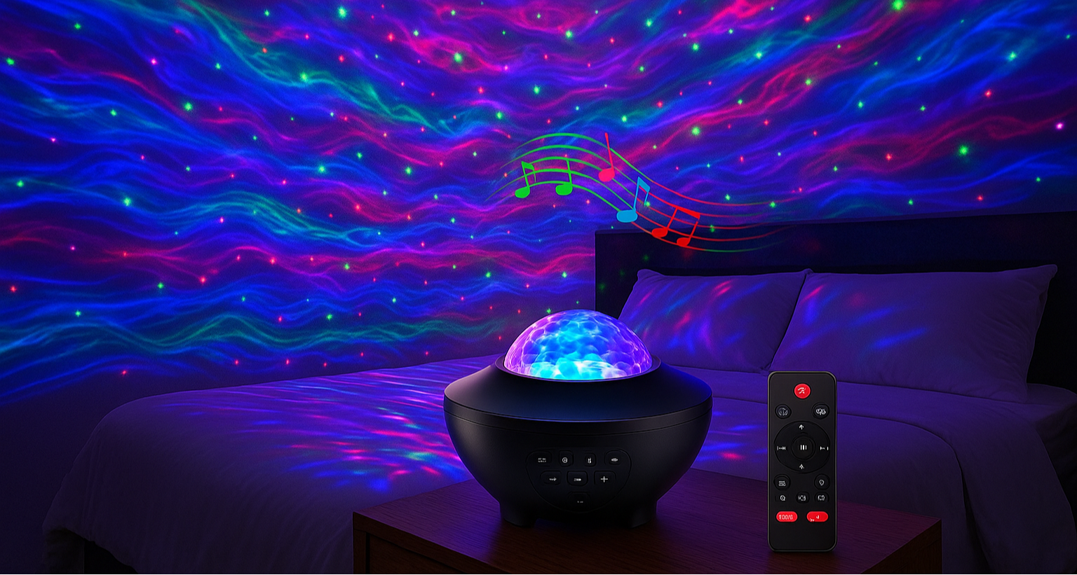 7 Color Change along with the Rhythm of the Music,2 Scene - Ocean Wave & 3D Water Ripple Projector Light,Star Projector with Remote Control for Adults Bedroom Decoration, Party,Star Night Light